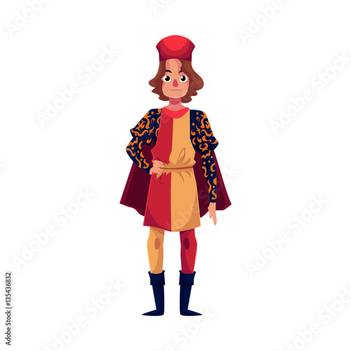 Full length portrait of young Italian man in Renaissance time costume, cartoon vector illustration isolated on white background. Medieval, Renaissance Italian man in traditional historical costume