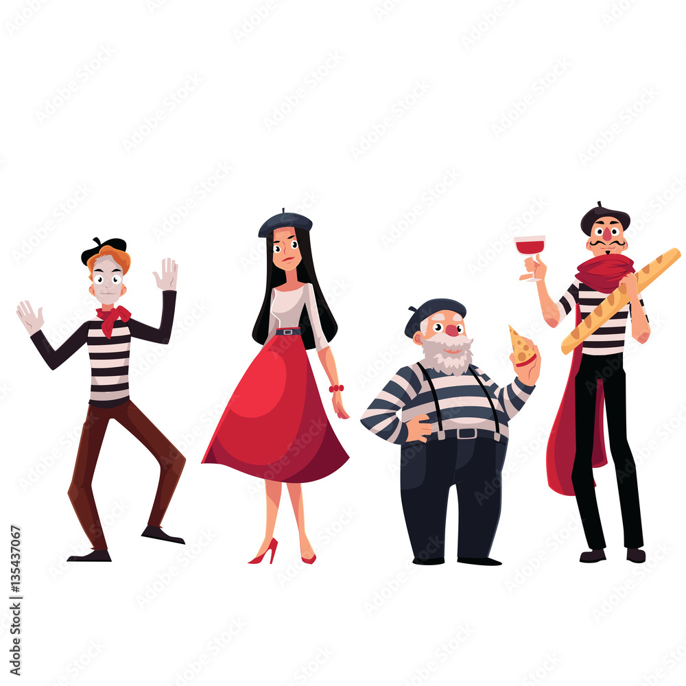 Set of French male and female characters, mimes holding cheese, baguette,  wine as symbols of France, cartoon vector illustration isolated on white  background. French people, mimes, symbols of France Stock Vector |