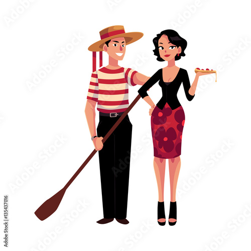 Man and woman symbolizing Italian traditions, fashion and cuisine, cartoon vector illustration isolated on white background. Italian gondolier and fashionable woman holding pizza, symbols of Italy