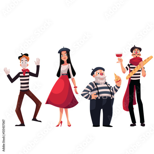 Set of French male and female characters, mimes holding cheese, baguette, wine as symbols of France, cartoon vector illustration isolated on white background. French people, mimes, symbols of France