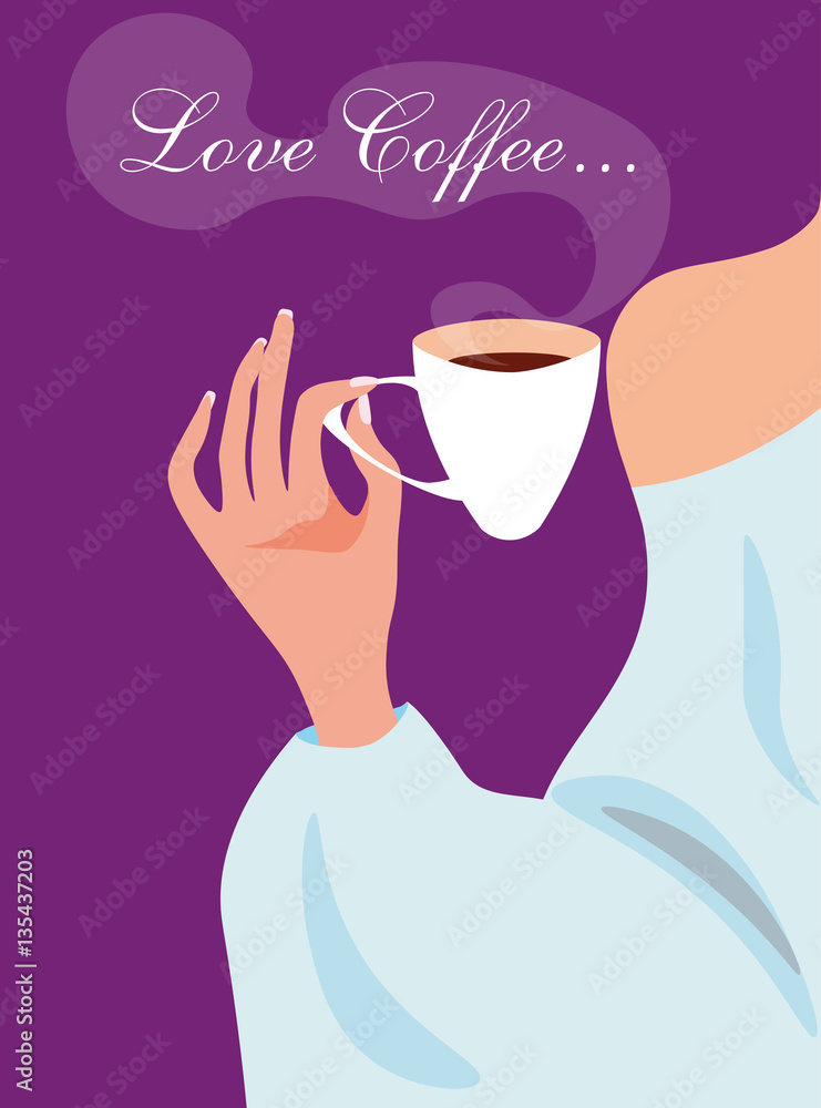 vector illustration with an elegant scene of the girl holding a cup of coffee on the violet background vector illustration with an elegant scene of the girl holding a cup of coffee on the violet background