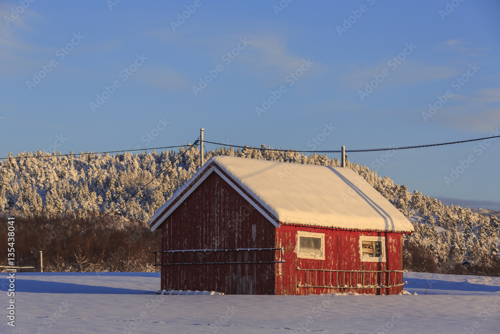 Wooden shed in winter on Senja Island, Troms county, Norway