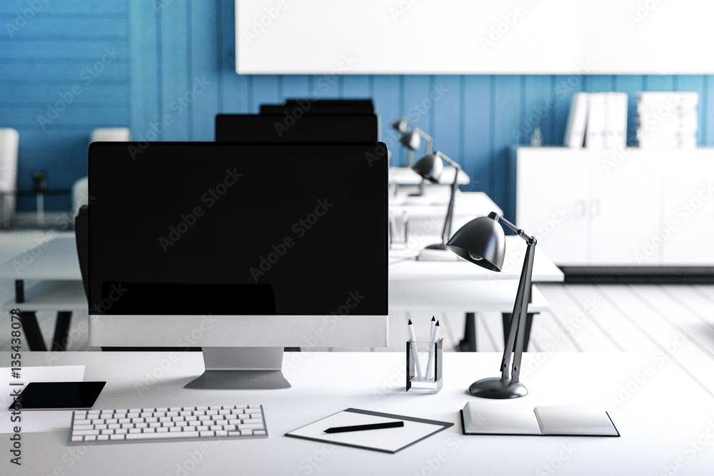 3D Rendering : illustration of modern interior Creative designer office desktop with PC computer.computer labs.working place of graphic design.close-up.Mock up.shiny floor.light from outside 3D Rendering : illustration of modern interior Creative designer office desktop with PC computer.computer labs.working place of graphic design.close-up.Mock up.shiny floor.light from outside