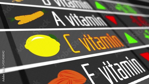 Lemon source of vitamin C. The fruit stock market panel. Natural vitamins as part of a healthy life. 4K UHD animated video seamless loop.
