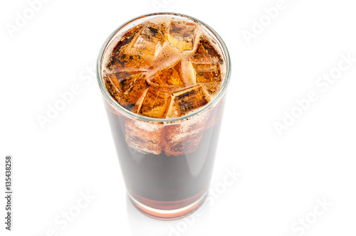 Glass with fizzy cola on white background