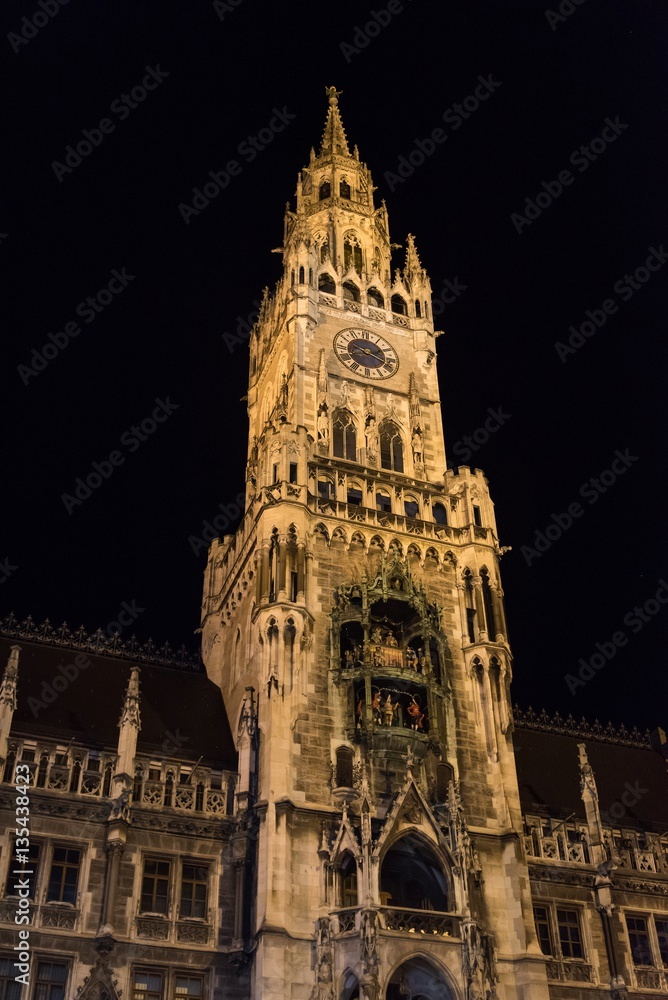 Night scene of town hall at the Marienplatz in Munich, Germany. Vertical image