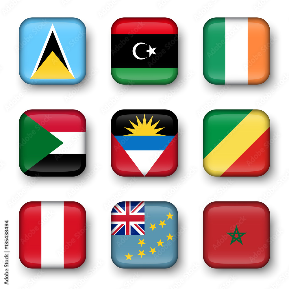 Set of world flags quadrangular badges ( Saint Lucia . Libya . ireland . Sudan . Antigua and Barbuda . Republic of the Congo . Peru . Tuvalu . Morocco )