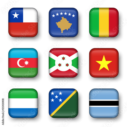 Set of world flags quadrangular badges   Chile . Kosovo . Mali . Azerbaijan . Burundi . Vietnam . Sierra Leone . Solomon Islands . Botswana  