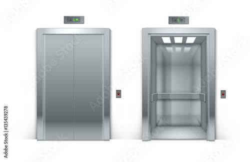 Vector Realistic Open and Closed Chrome Metal Office Building Elevator Doors Isolated on Background