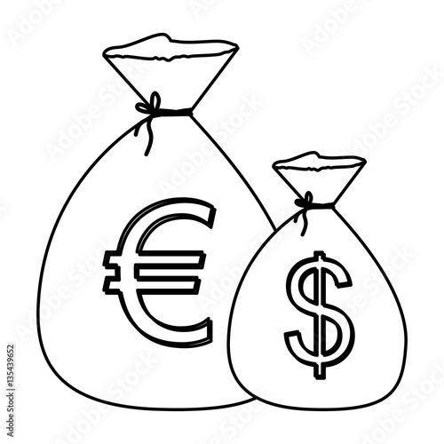 monochrome contour with money bags with currency symbol dollar and euro vector illustration photo