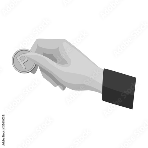 Hand holding coin for parking meter icon in monochrome style isolated on white background. Parking zone symbol stock vector illustration.
