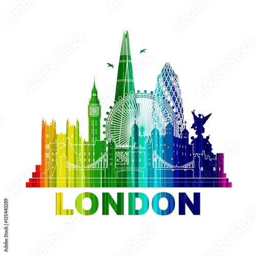 London Cityscape - Wall tattoo vector sihlouette contour outline view skyline 
Rainbow colorful- westminster big ben Victoria Memorial Eye Tower Bridge Shard buckingham palace Queen Victoria Statue