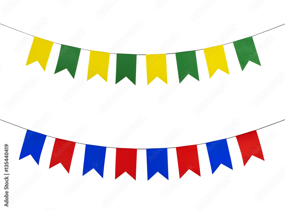 Fototapeta premium Set of flag papers hanging on the rope.On the white background.