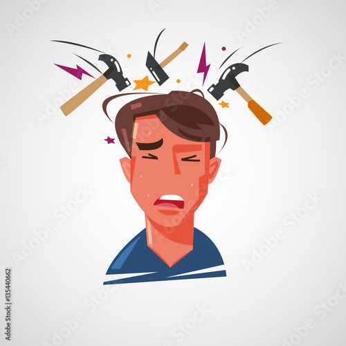 man getting headache with hammer hitting on his head. headache a