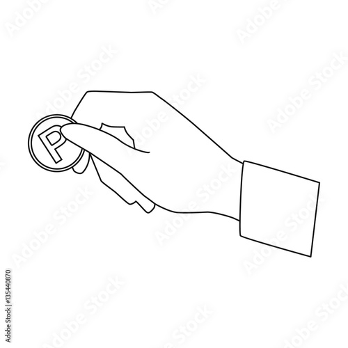 Hand holding coin for parking meter icon in outline style isolated on white background. Parking zone symbol stock vector illustration.