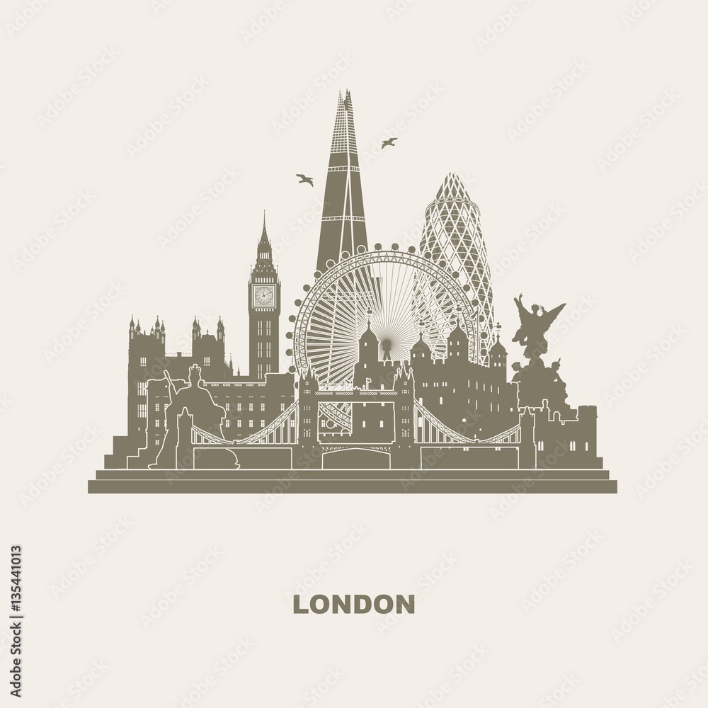London Cityscape - Wall tattoo vector sihlouette contour outline view skyline - westminster big ben Victoria Memorial London Eye Tower Bridge Shard buckingham palace Queen Victoria Statue palace