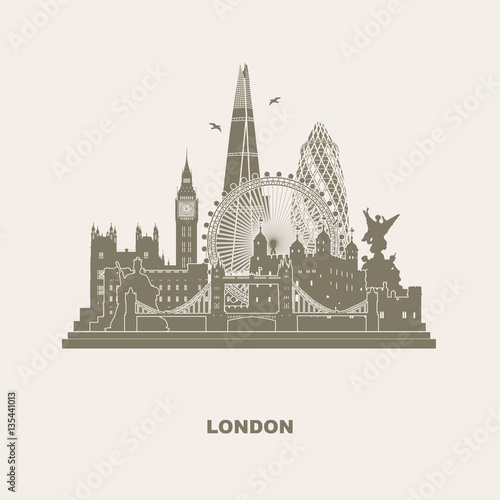 London Cityscape - Wall tattoo vector sihlouette contour outline view skyline - westminster big ben Victoria Memorial London Eye Tower Bridge Shard buckingham palace Queen Victoria Statue palace