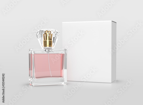 Mock up Perfume bottle with pink water and white box on white background photo