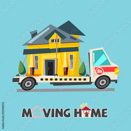 Home on truck. moving home concept. relocating house. typographi