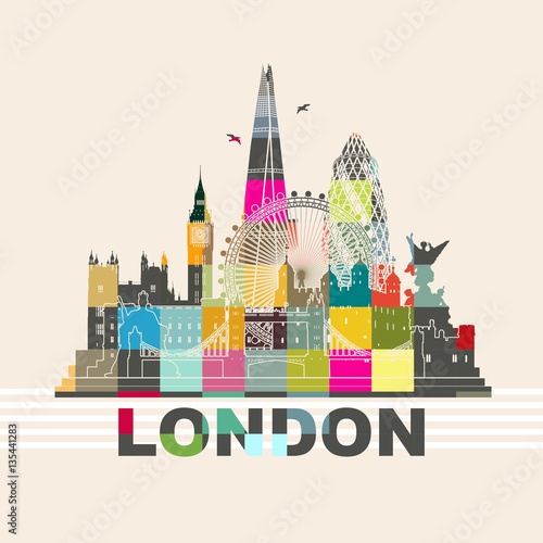 London Cityscape - Wall tattoo vector sihlouette contour outline view skyline - westminster big ben Victoria Memorial London Eye Tower Bridge Shard buckingham palace Queen Victoria Statue