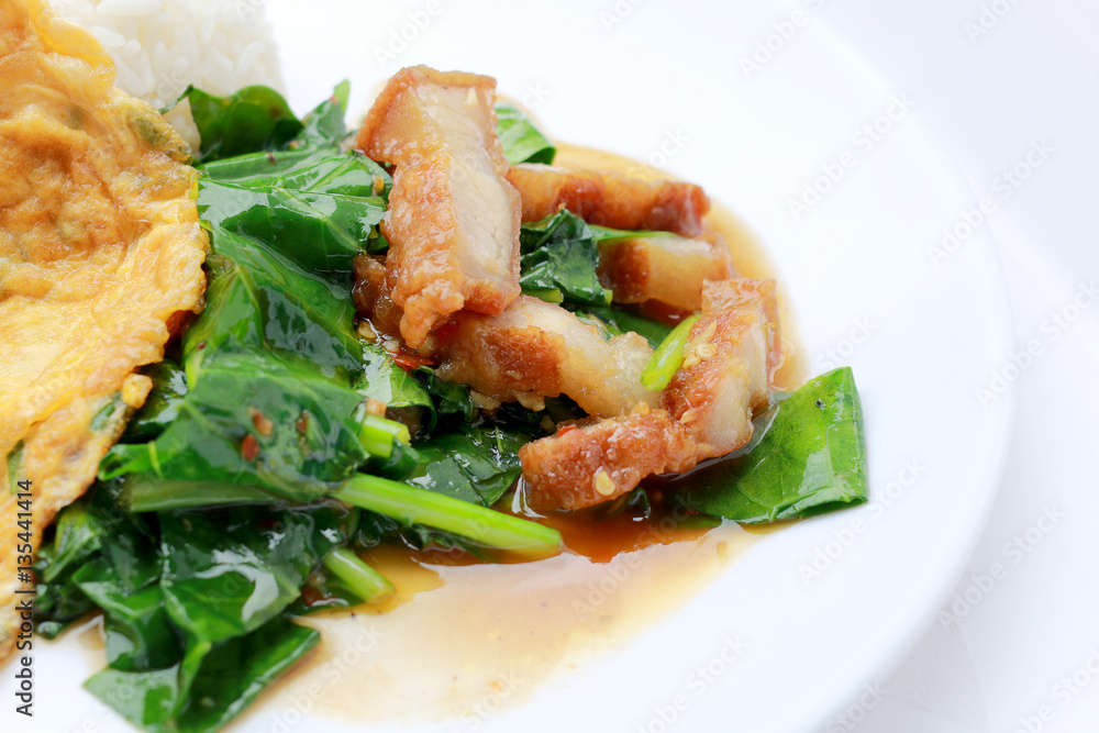 Stir fried kale with crispy pork and Thai Omelette with rice in white dish iIsolated on white background, Thai Food Stir fried kale with crispy pork and Thai Omelette with rice in white dish iIsolated on white background, Thai Food