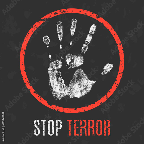 Handprint with stop terror text against gray background