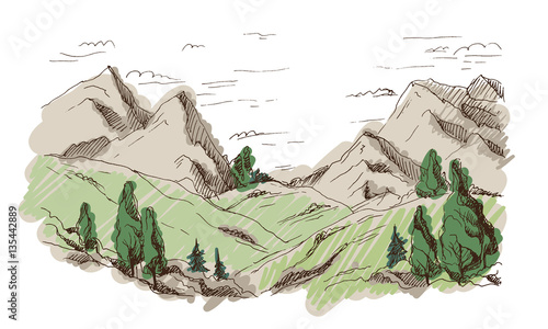 Watercolor rural landscape in graphic style