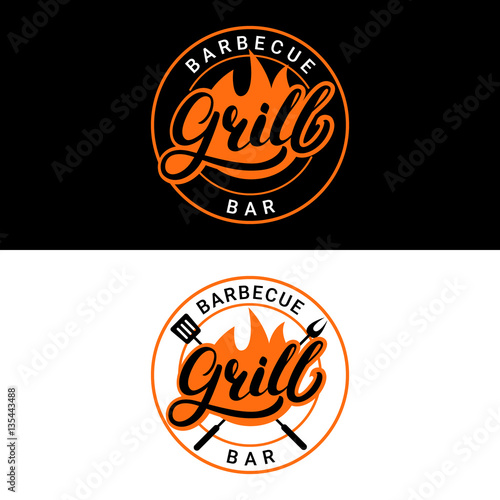 Set of Grill barbecue bar hand written lettering logo, label, badge or emblem with fire.