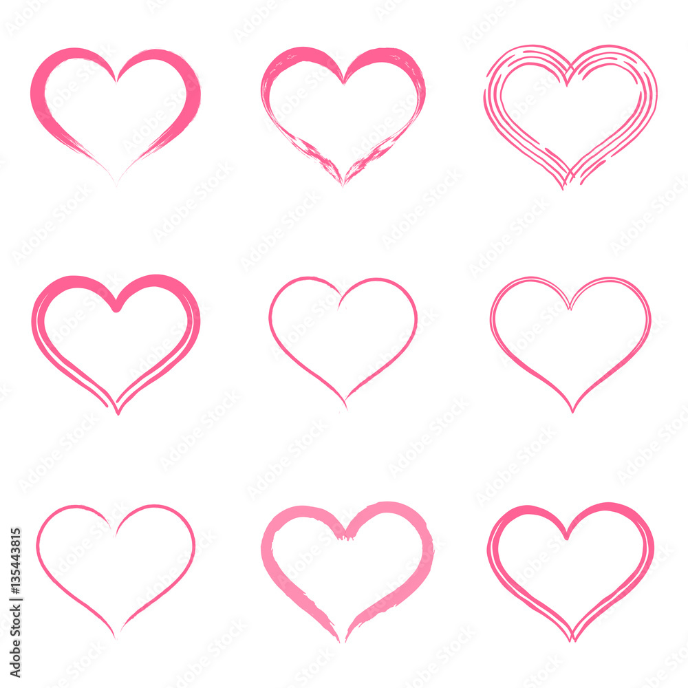 Isolated on white hand drawn vector hearts set.