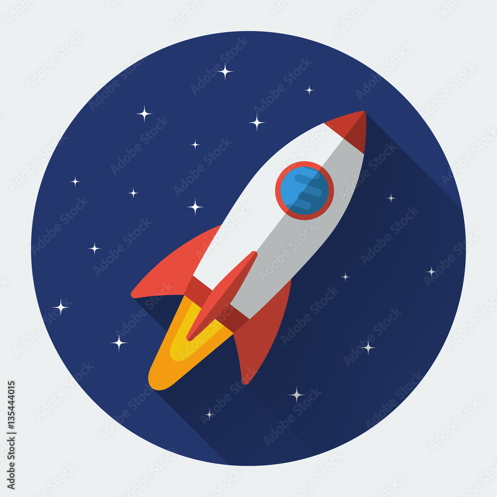 Naklejka premium Space rocket flat icon with long shadow. Colored vector illustration.