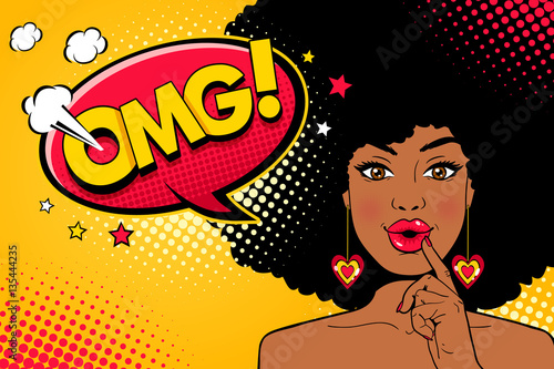 Wow pop art female face. Sexy surprised young african american woman with open mouth and Oh My God speech bubble. Vector bright background in pop art retro comic style. Invitation party poster.