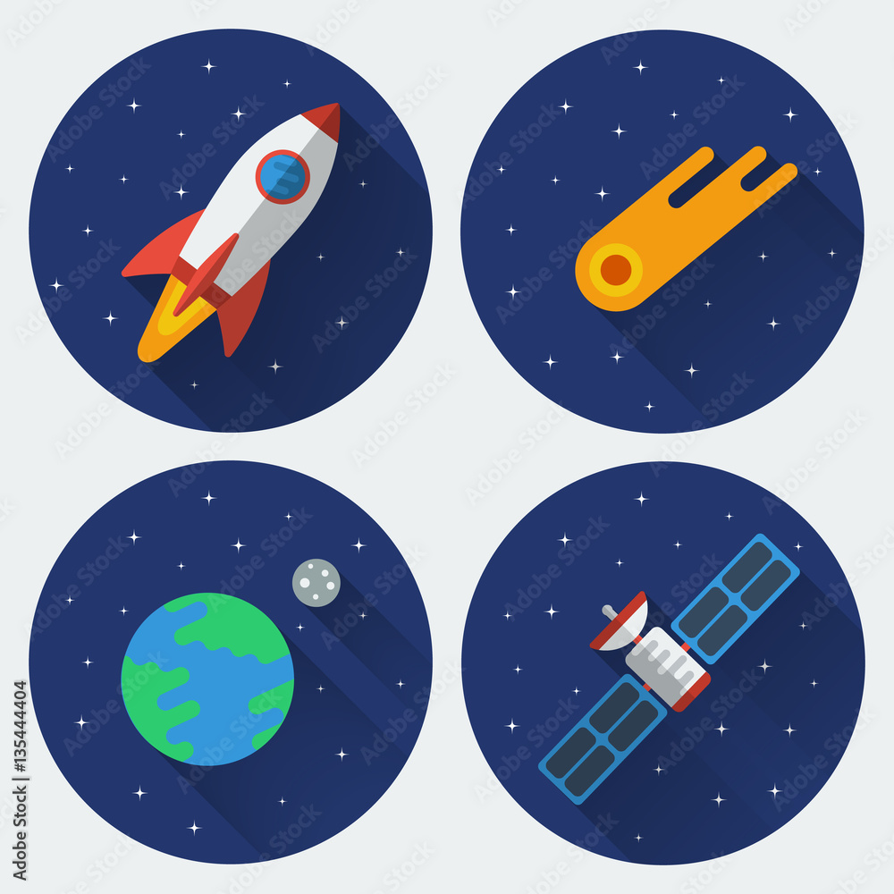 Naklejka premium Space icons with long shadow. Rocket, comet, satellite, the Earth with the Moon. Colored illustrations. Vector set in flat style.
