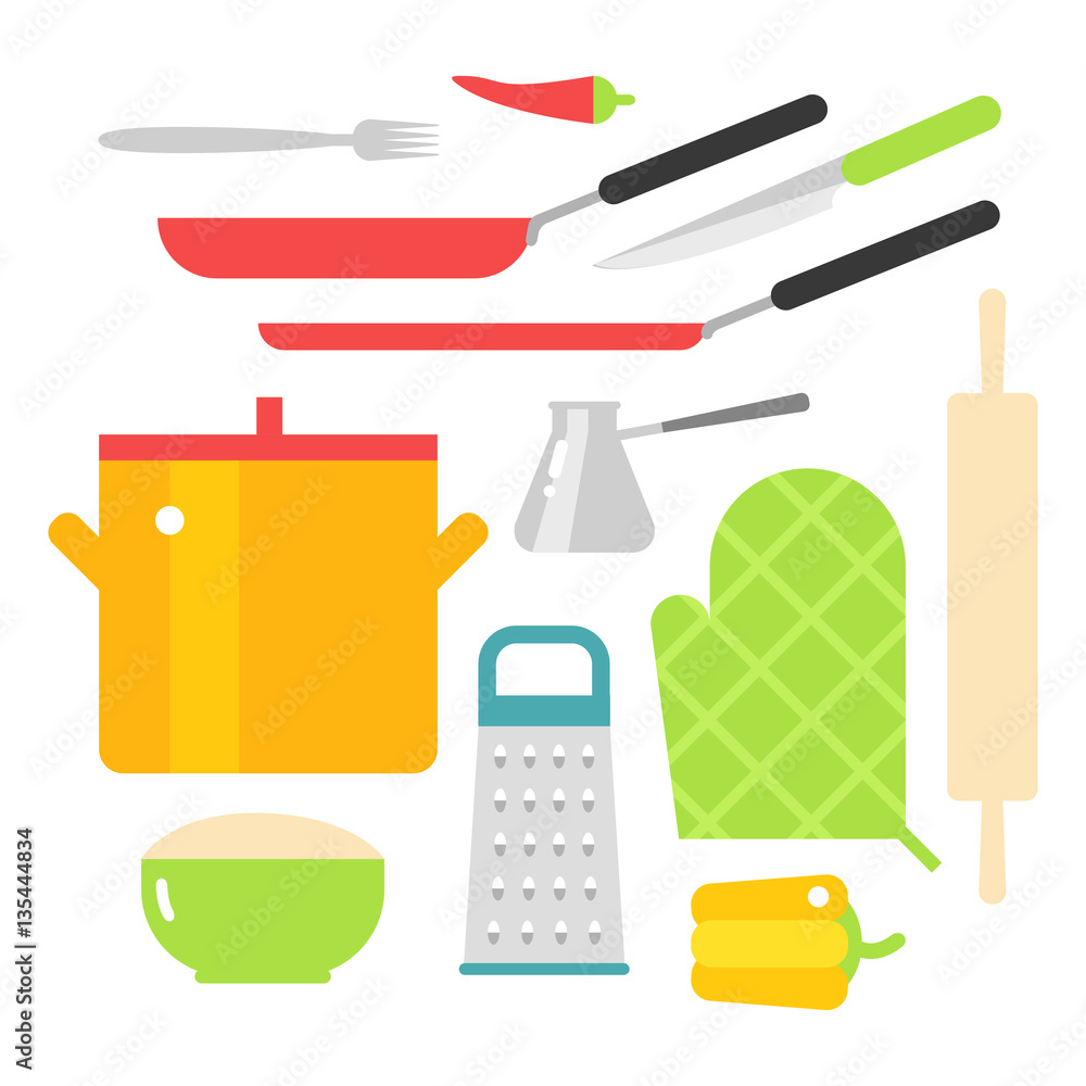 Kitchen dishes vector flat icons isolated on white background Kitchen dishes vector flat icons isolated on white background