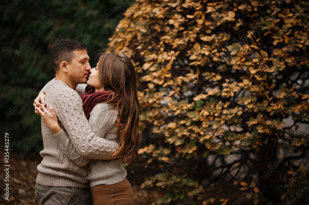 Young couple wearing on tied warm sweaters hugging in love at ci Young couple wearing on tied warm sweaters hugging in love at ci
