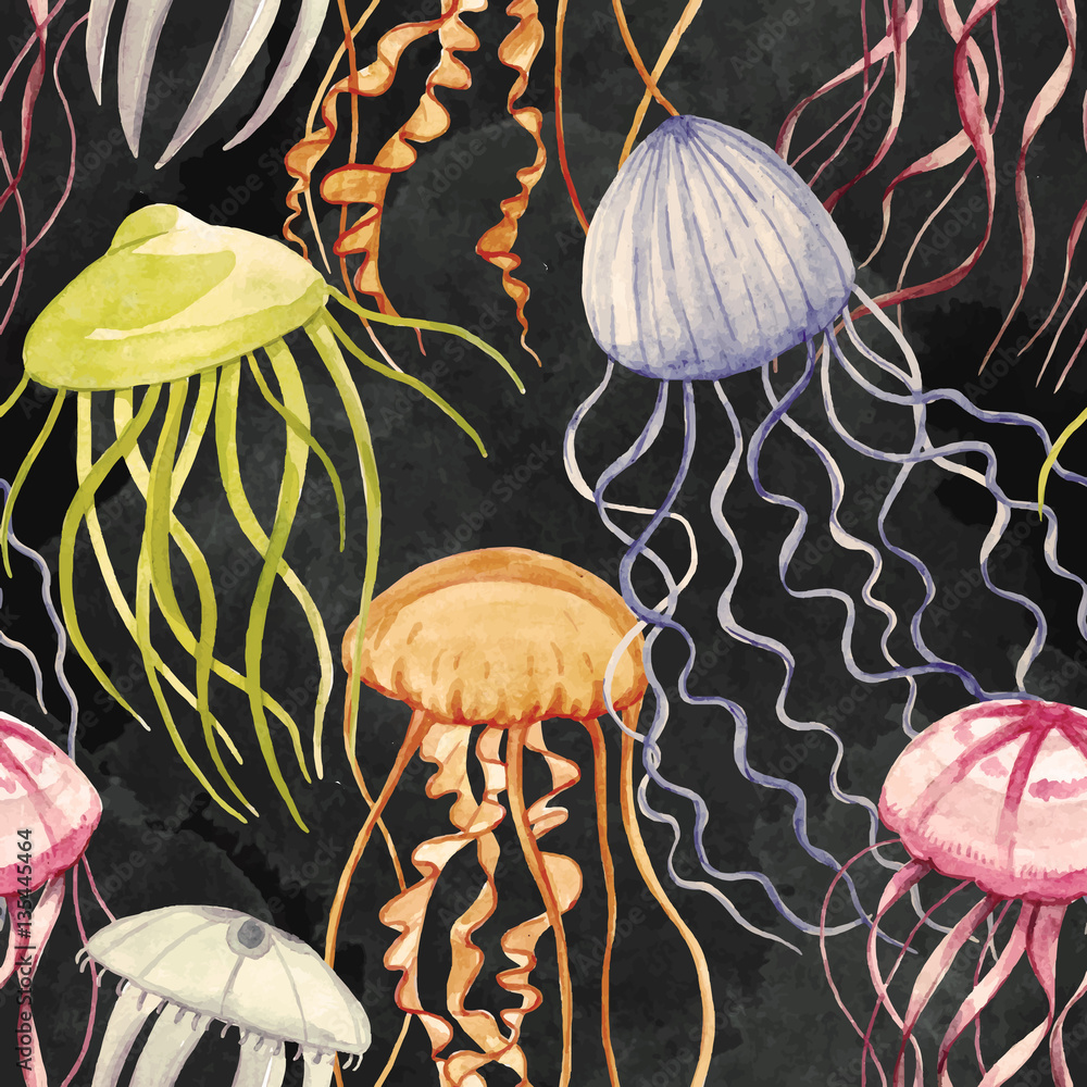 Naklejka premium Watercolor vector jellyfish pattern