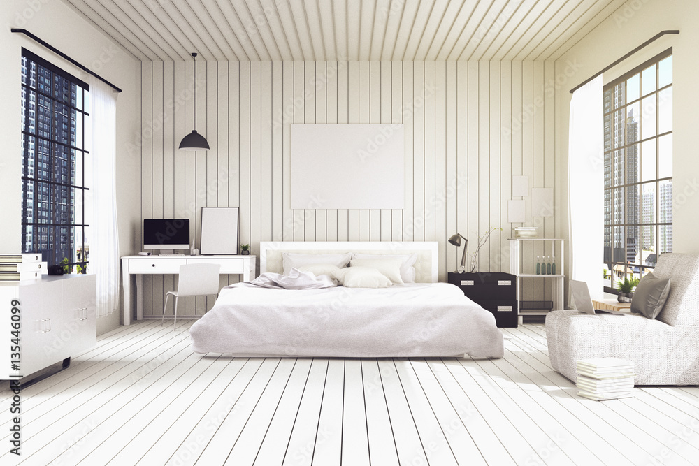 3D rendering : illustration of big spacious bedroom in soft light colors.big comfortable double bed in elegant classic modern bedroom.interior design of house 3D rendering : illustration of big spacious bedroom in soft light colors.big comfortable double bed in elegant classic modern bedroom.interior design of house