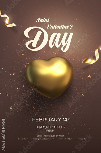 Happy Valentine's Day flyer or poster. Top view on golden heart with beautiful backdrop
