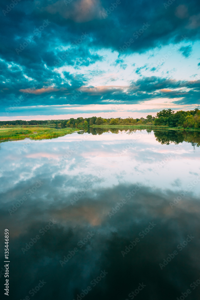 Water Surface Of Lake Pond River At Summer Sunny Evening. Nature Water Surface Of Lake Pond River At Summer Sunny Evening. Nature