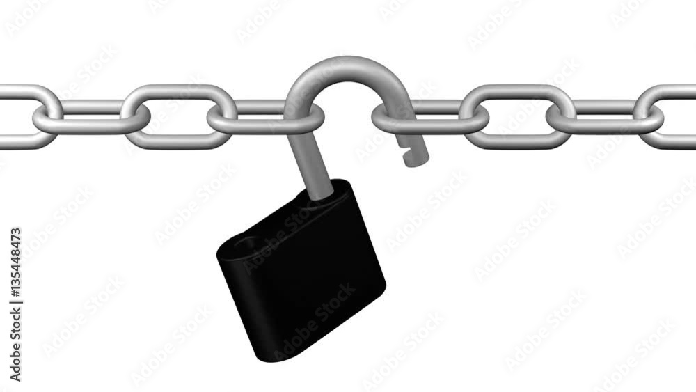 Сhain with padlock closing and opening. Loopable. Luma matte. 3D rendering. Сhain with padlock closing and opening. Loopable. Luma matte. 3D rendering.