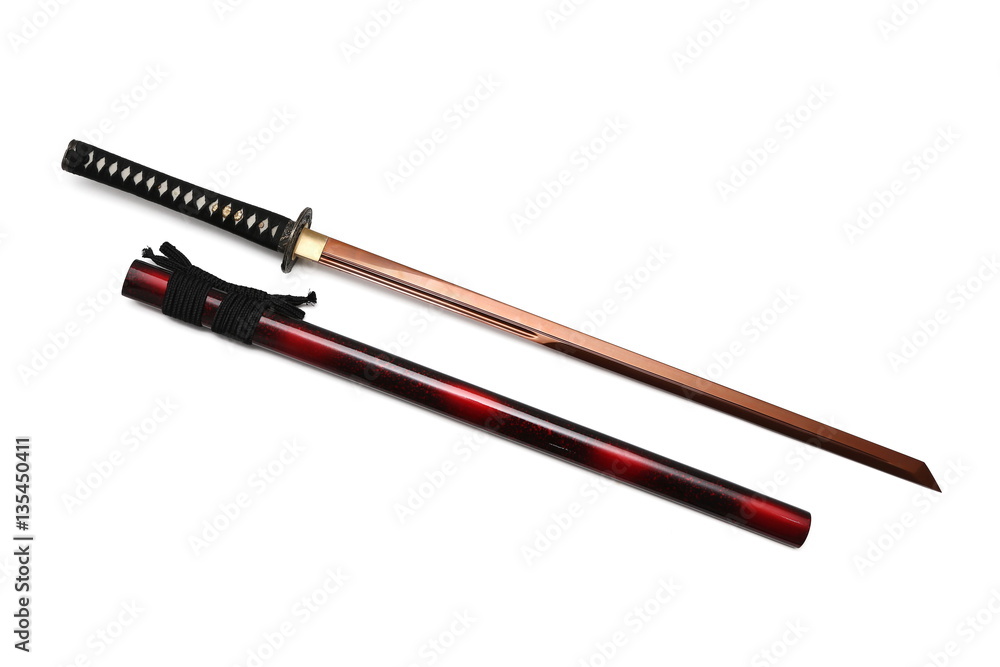 Japanese sword and scabbard on white background
