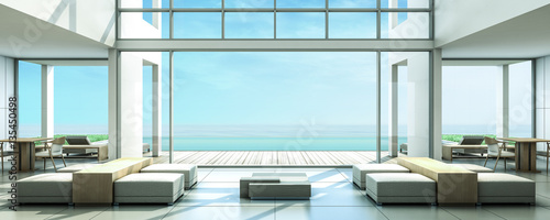 3d rendering Beach Villa Lobby and Living area sea view © rainmind