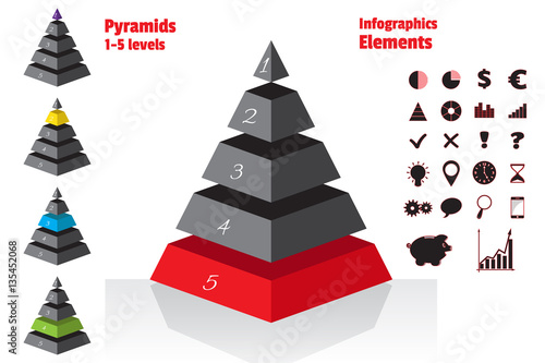 Red set of isometry symmetrical pyramid charts, diagram 5 levels. Elements infographics. Vector