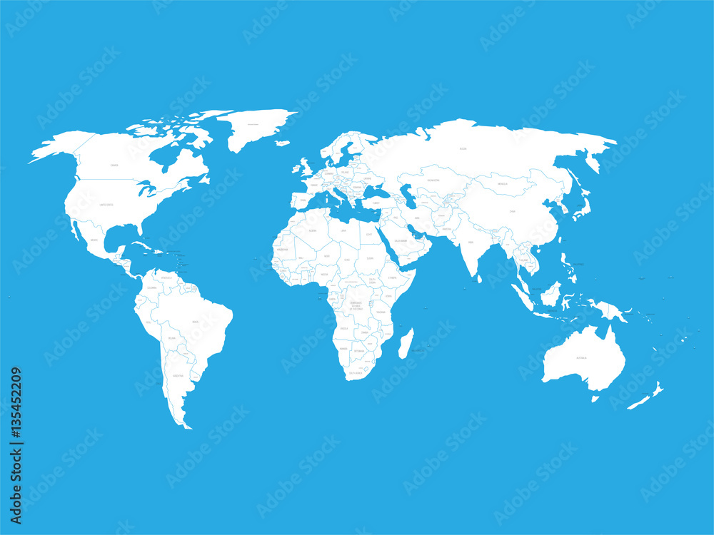 Political vector World Map with state name labels. White land with black text on blue background. Hand drawn simplified illustration.
