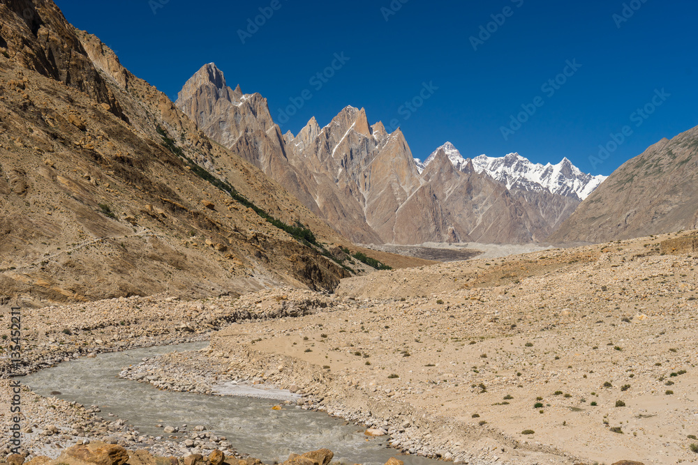 Naklejka premium Landscape of Trango tower family, Lobsang spire and river, K2 tr