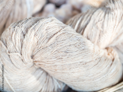 Closeup of raw twisted thread or silk for handmade textile