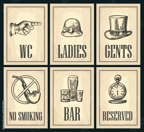 Set signboard. Pointing finger. Toilet grunge poster for ladies, cents.
