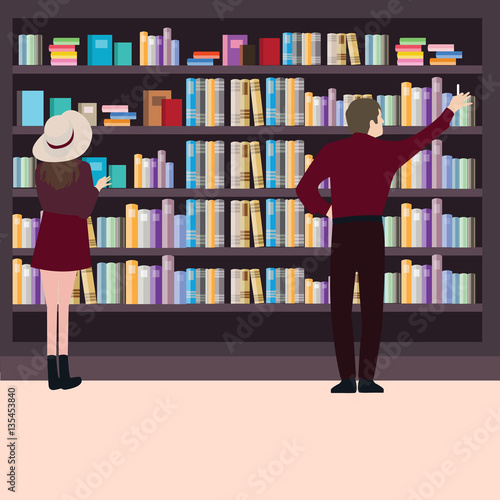 man woman looking for books at library together around book shelf standing