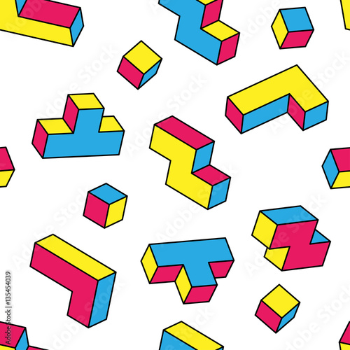Colorful tetris 3d blocks seamless pattern on white background. Vintage 80s style design. Clipping mask used.