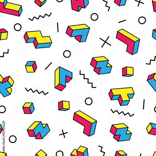 Colorful tetris 3d blocks and various graphic elements on white background. Memphis style design. Clipping mask used.