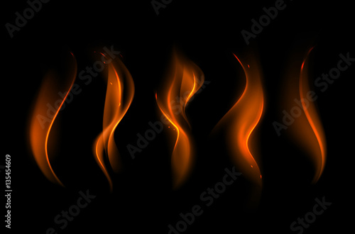 Vector Set of  Different Yellow Orange Fire Flame on Background